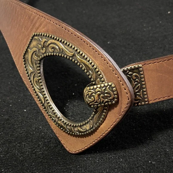 Coldwater Creek Adjustable Brown Belt with Ornate Metal Buckle - Picture 3 of 5